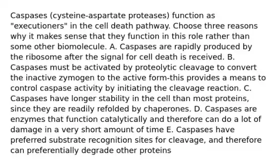 Caspases (cysteine-aspartate proteases) function as "executioners" in the cell death pathway. Choose three reasons why it makes sense that they function in this role rather than some other biomolecule. A. Caspases are rapidly produced by the ribosome after the signal for cell death is received. B. Caspases must be activated by proteolytic cleavage to convert the inactive zymogen to the active form-this provides a means to control caspase activity by initiating the cleavage reaction. C. Caspases have longer stability in the cell than most proteins, since they are readily refolded by chaperones. D. Caspases are enzymes that function catalytically and therefore can do a lot of damage in a very short amount of time E. Caspases have preferred substrate recognition sites for cleavage, and therefore can preferentially degrade other proteins