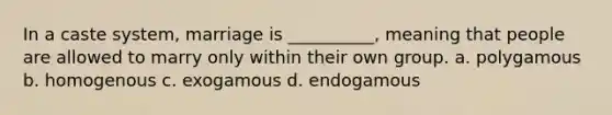 In a caste system, marriage is __________, meaning that people are allowed to marry only within their own group. a. polygamous b. homogenous c. exogamous d. endogamous