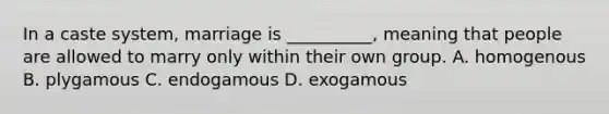 In a caste system, marriage is __________, meaning that people are allowed to marry only within their own group. A. homogenous B. plygamous C. endogamous D. exogamous