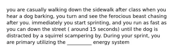 you are casually walking down the sidewalk after class when you hear a dog barking, you turn and see the ferocious beast chasing after you. immediately you start sprinting, and you run as fast as you can down the street ( around 15 seconds) until the dog is distracted by a squirrel scampering by. During your sprint, you are primary utilizing the __________ energy system