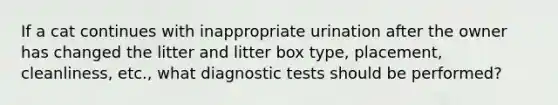 If a cat continues with inappropriate urination after the owner has changed the litter and litter box type, placement, cleanliness, etc., what diagnostic tests should be performed?