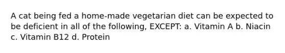 A cat being fed a home-made vegetarian diet can be expected to be deficient in all of the following, EXCEPT: a. Vitamin A b. Niacin c. Vitamin B12 d. Protein