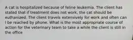 A cat is hospitalized because of feline leukemia. The client has stated that if treatment does not work, the cat should be euthanized. The client travels extensively for work and often can I be reached by phone. What is the most appropriate course of action for the veterinary team to take a while the client is still in the office