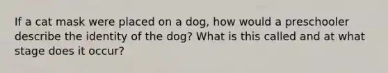 If a cat mask were placed on a dog, how would a preschooler describe the identity of the dog? What is this called and at what stage does it occur?