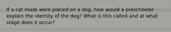 If a cat mask were placed on a dog, how would a preschooler explain the identity of the dog? What is this called and at what stage does it occur?