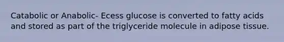 Catabolic or Anabolic- Ecess glucose is converted to fatty acids and stored as part of the triglyceride molecule in adipose tissue.