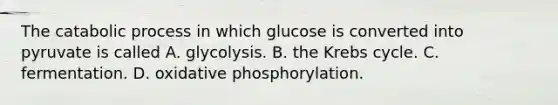 The catabolic process in which glucose is converted into pyruvate is called A. glycolysis. B. the Krebs cycle. C. fermentation. D. oxidative phosphorylation.