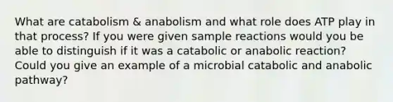 What are catabolism & anabolism and what role does ATP play in that process? If you were given sample reactions would you be able to distinguish if it was a catabolic or anabolic reaction? Could you give an example of a microbial catabolic and anabolic pathway?