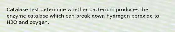 Catalase test determine whether bacterium produces the enzyme catalase which can break down hydrogen peroxide to H2O and oxygen.