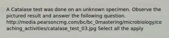 A Catalase test was done on an unknown specimen. Observe the pictured result and answer the following question. http://media.pearsoncmg.com/bc/bc_0mastering/microbiology/coaching_activities/catalase_test_03.jpg Select all the apply