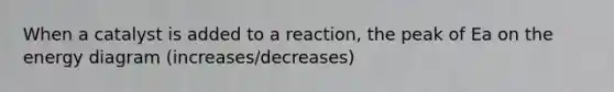 When a catalyst is added to a reaction, the peak of Ea on the energy diagram (increases/decreases)