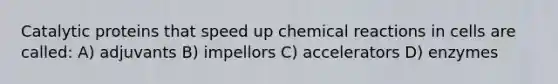 Catalytic proteins that speed up chemical reactions in cells are called: A) adjuvants B) impellors C) accelerators D) enzymes