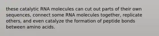 these catalytic RNA molecules can cut out parts of their own sequences, connect some RNA molecules together, replicate others, and even catalyze the formation of peptide bonds between amino acids.