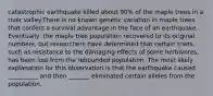 catastrophic earthquake killed about 90% of the maple trees in a river valley.There is no known genetic variation in maple trees that confers a survival advantage in the face of an earthquake. Eventually, the maple tree population recovered to its original numbers, but researchers have determined that certain traits, such as resistance to the damaging effects of some herbivores, has been lost from the rebounded population. The most likely explanation for this observation is that the earthquake caused __________ and then _______ eliminated certain alleles from the population.