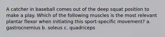 A catcher in baseball comes out of the deep squat position to make a play. Which of the following muscles is the most relevant plantar flexor when initiating this sport-specific movement? a. gastrocnemius b. soleus c. quadriceps