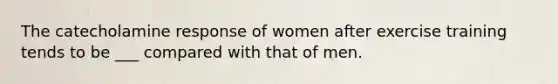 The catecholamine response of women after exercise training tends to be ___ compared with that of men.