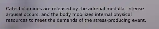 Catecholamines are released by the adrenal medulla. Intense arousal occurs, and the body mobilizes internal physical resources to meet the demands of the stress-producing event.
