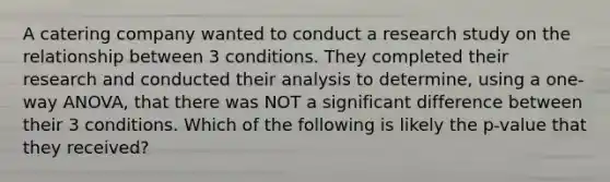 A catering company wanted to conduct a research study on the relationship between 3 conditions. They completed their research and conducted their analysis to determine, using a one-way ANOVA, that there was NOT a significant difference between their 3 conditions. Which of the following is likely the p-value that they received?