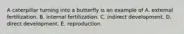 A caterpillar turning into a butterfly is an example of A. external fertilization. B. internal fertilization. C. indirect development. D. direct development. E. reproduction.