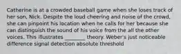 Catherine is at a crowded baseball game when she loses track of her son, Nick. Despite the loud cheering and noise of the crowd, she can pinpoint his location when he calls for her because she can distinguish the sound of his voice from the all the other voices. This illustrates ________ theory. Weber's just noticeable difference signal detection absolute threshold