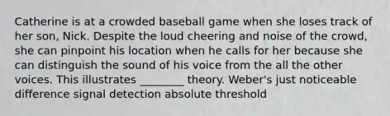 Catherine is at a crowded baseball game when she loses track of her son, Nick. Despite the loud cheering and noise of the crowd, she can pinpoint his location when he calls for her because she can distinguish the sound of his voice from the all the other voices. This illustrates ________ theory. Weber's just noticeable difference signal detection absolute threshold