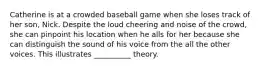 Catherine is at a crowded baseball game when she loses track of her son, Nick. Despite the loud cheering and noise of the crowd, she can pinpoint his location when he alls for her because she can distinguish the sound of his voice from the all the other voices. This illustrates __________ theory.