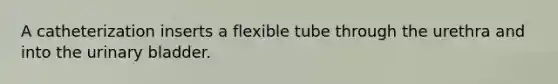 A catheterization inserts a flexible tube through the urethra and into the urinary bladder.