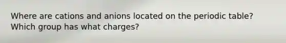 Where are cations and anions located on the periodic table? Which group has what charges?