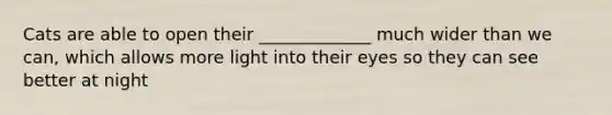 Cats are able to open their _____________ much wider than we can, which allows more light into their eyes so they can see better at night
