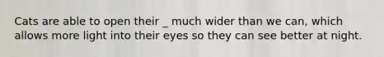 Cats are able to open their _ much wider than we can, which allows more light into their eyes so they can see better at night.