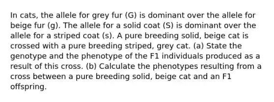 In cats, the allele for grey fur (G) is dominant over the allele for beige fur (g). The allele for a solid coat (S) is dominant over the allele for a striped coat (s). A pure breeding solid, beige cat is crossed with a pure breeding striped, grey cat. (a) State the genotype and the phenotype of the F1 individuals produced as a result of this cross. (b) Calculate the phenotypes resulting from a cross between a pure breeding solid, beige cat and an F1 offspring.