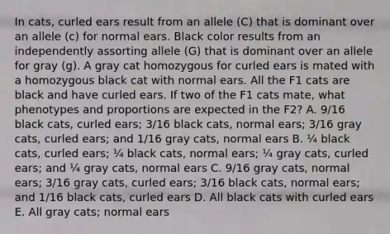 In cats, curled ears result from an allele (C) that is dominant over an allele (c) for normal ears. Black color results from an independently assorting allele (G) that is dominant over an allele for gray (g). A gray cat homozygous for curled ears is mated with a homozygous black cat with normal ears. All the F1 cats are black and have curled ears. If two of the F1 cats mate, what phenotypes and proportions are expected in the F2? A. 9/16 black cats, curled ears; 3/16 black cats, normal ears; 3/16 gray cats, curled ears; and 1/16 gray cats, normal ears B. ¼ black cats, curled ears; ¼ black cats, normal ears; ¼ gray cats, curled ears; and ¼ gray cats, normal ears C. 9/16 gray cats, normal ears; 3/16 gray cats, curled ears; 3/16 black cats, normal ears; and 1/16 black cats, curled ears D. All black cats with curled ears E. All gray cats; normal ears