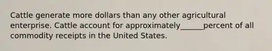 Cattle generate more dollars than any other agricultural enterprise. Cattle account for approximately______percent of all commodity receipts in the United States.