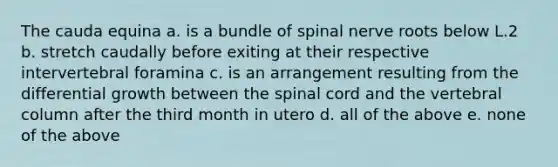 The cauda equina a. is a bundle of spinal nerve roots below L.2 b. stretch caudally before exiting at their respective intervertebral foramina c. is an arrangement resulting from the differential growth between the spinal cord and the vertebral column after the third month in utero d. all of the above e. none of the above