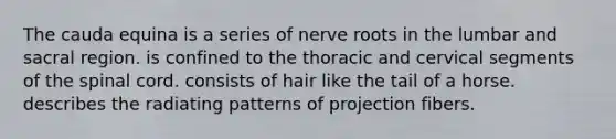 The cauda equina is a series of nerve roots in the lumbar and sacral region. is confined to the thoracic and cervical segments of the spinal cord. consists of hair like the tail of a horse. describes the radiating patterns of projection fibers.