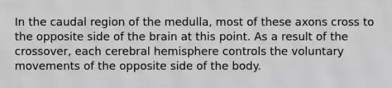 In the caudal region of the medulla, most of these axons cross to the opposite side of the brain at this point. As a result of the crossover, each cerebral hemisphere controls the voluntary movements of the opposite side of the body.