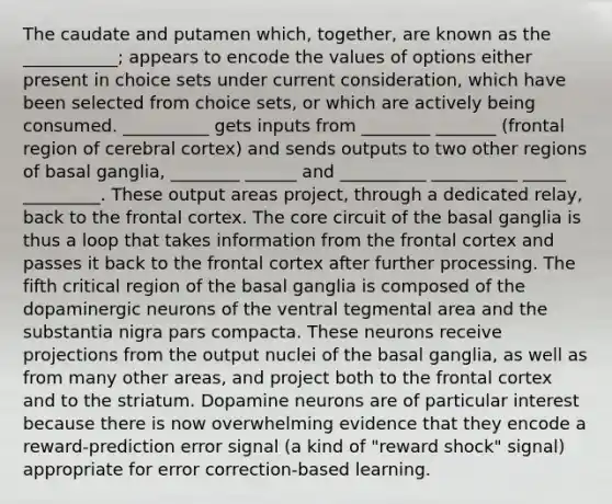 The caudate and putamen which, together, are known as the ___________; appears to encode the values of options either present in choice sets under current consideration, which have been selected from choice sets, or which are actively being consumed. __________ gets inputs from ________ _______ (frontal region of cerebral cortex) and sends outputs to two other regions of basal ganglia, ________ ______ and __________ __________ _____ _________. These output areas project, through a dedicated relay, back to the frontal cortex. The core circuit of the basal ganglia is thus a loop that takes information from the frontal cortex and passes it back to the frontal cortex after further processing. The fifth critical region of the basal ganglia is composed of the dopaminergic neurons of the ventral tegmental area and the substantia nigra pars compacta. These neurons receive projections from the output nuclei of the basal ganglia, as well as from many other areas, and project both to the frontal cortex and to the striatum. Dopamine neurons are of particular interest because there is now overwhelming evidence that they encode a reward-prediction error signal (a kind of "reward shock" signal) appropriate for error correction-based learning.