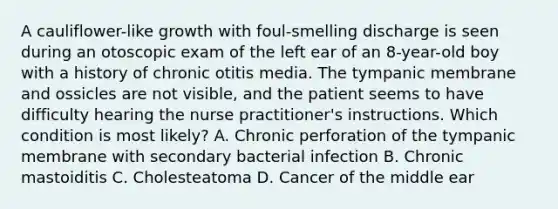 A cauliflower-like growth with foul-smelling discharge is seen during an otoscopic exam of the left ear of an 8-year-old boy with a history of chronic otitis media. The tympanic membrane and ossicles are not visible, and the patient seems to have difficulty hearing the nurse practitioner's instructions. Which condition is most likely? A. Chronic perforation of the tympanic membrane with secondary bacterial infection B. Chronic mastoiditis C. Cholesteatoma D. Cancer of the middle ear