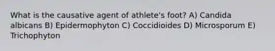 What is the causative agent of athlete's foot? A) Candida albicans B) Epidermophyton C) Coccidioides D) Microsporum E) Trichophyton