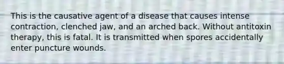 This is the causative agent of a disease that causes intense contraction, clenched jaw, and an arched back. Without antitoxin therapy, this is fatal. It is transmitted when spores accidentally enter puncture wounds.