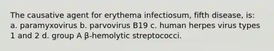 The causative agent for erythema infectiosum, fifth disease, is: a. paramyxovirus b. parvovirus B19 c. human herpes virus types 1 and 2 d. group A β-hemolytic streptococci.