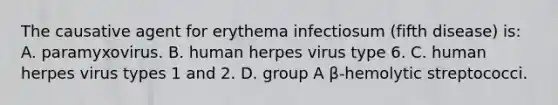 The causative agent for erythema infectiosum (fifth disease) is: A. paramyxovirus. B. human herpes virus type 6. C. human herpes virus types 1 and 2. D. group A β-hemolytic streptococci.