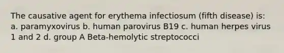 The causative agent for erythema infectiosum (fifth disease) is: a. paramyxovirus b. human parovirus B19 c. human herpes virus 1 and 2 d. group A Beta-hemolytic streptococci