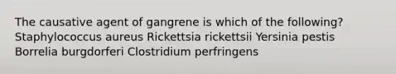 The causative agent of gangrene is which of the following? Staphylococcus aureus Rickettsia rickettsii Yersinia pestis Borrelia burgdorferi Clostridium perfringens