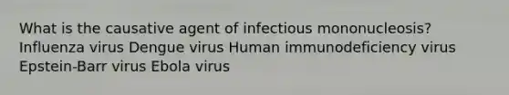 What is the causative agent of infectious mononucleosis? Influenza virus Dengue virus Human immunodeficiency virus Epstein-Barr virus Ebola virus