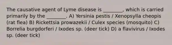 The causative agent of Lyme disease is ________, which is carried primarily by the ________. A) Yersinia pestis / Xenopsylla cheopis (rat flea) B) Rickettsia prowazekii / Culex species (mosquito) C) Borrelia burgdorferi / Ixodes sp. (deer tick) D) a flavivirus / Ixodes sp. (deer tick)