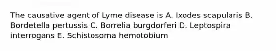 The causative agent of Lyme disease is A. Ixodes scapularis B. Bordetella pertussis C. Borrelia burgdorferi D. Leptospira interrogans E. Schistosoma hemotobium