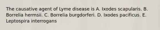 The causative agent of Lyme disease is A. Ixodes scapularis. B. Borrelia hermsii. C. Borrelia burgdorferi. D. Ixodes pacificus. E. Leptospira interrogans