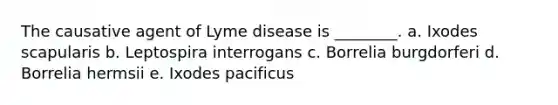 The causative agent of Lyme disease is ________. a. Ixodes scapularis b. Leptospira interrogans c. Borrelia burgdorferi d. Borrelia hermsii e. Ixodes pacificus