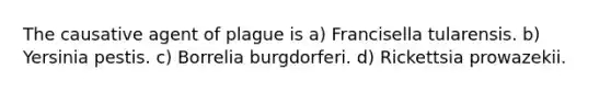 The causative agent of plague is a) Francisella tularensis. b) Yersinia pestis. c) Borrelia burgdorferi. d) Rickettsia prowazekii.